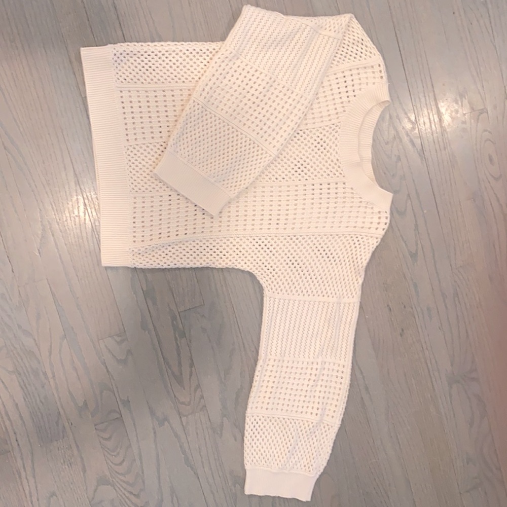 Workshop Republic creme eyelet detail sweater with balloon-esque sleeve